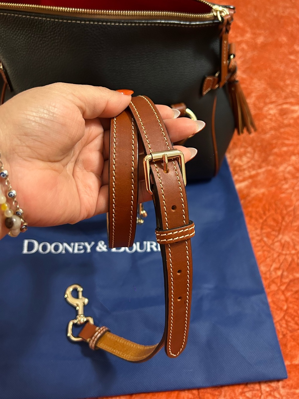 Dooney & Bourke Black Pebbled Leather Satchel with Brown Trim and Gold Hardware - Picture 9 of 16